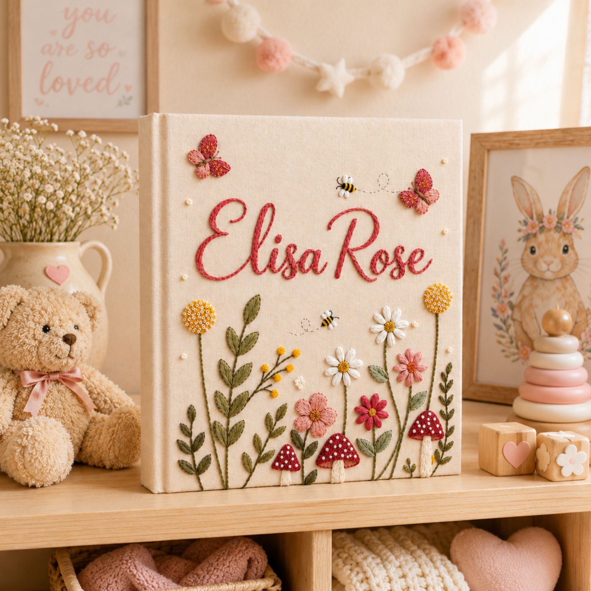 Hand Embroidered Linen Baby Photo Album, Floral Butterfly Keepsake Memory Book, Butterfly Wildflower Mushroom Photo Album, Baby Shower Gift