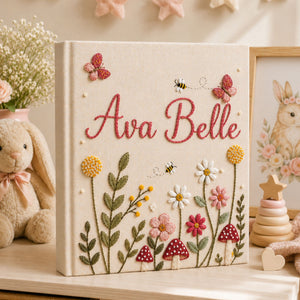 Hand Embroidered Linen Baby Photo Album, Floral Butterfly Keepsake Memory Book, Butterfly Wildflower Mushroom Photo Album, Baby Shower Gift