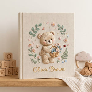 Hand Embroidered Baby Photo Album, Personalized Teddy Bear Baby Book, Custom Name Floral Basket Nursery Keepsake, Baby Shower Gift