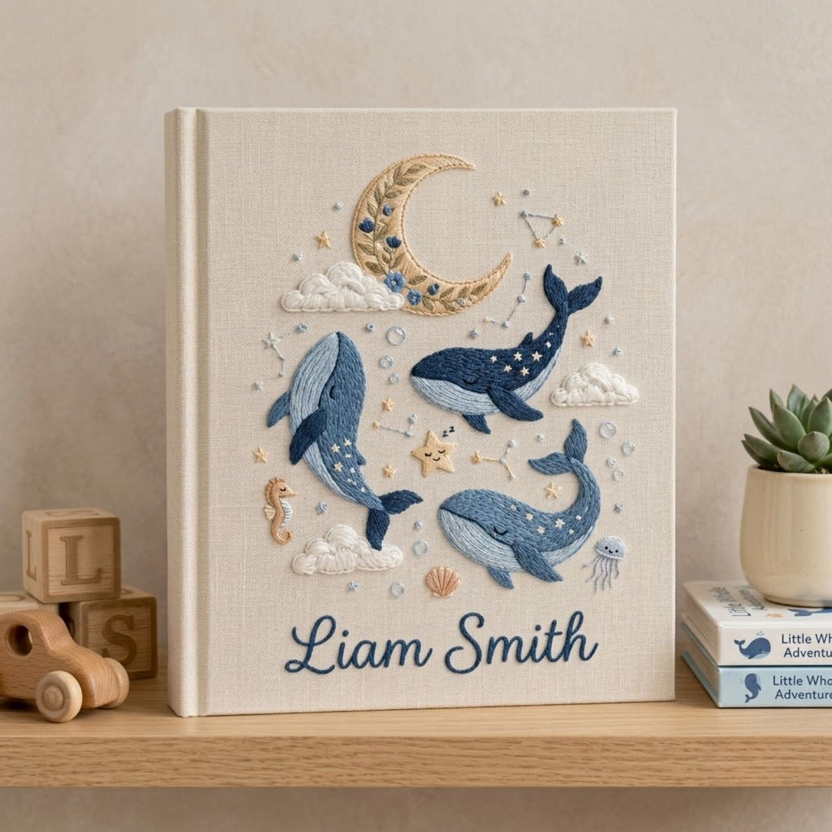 Hand Embroidered Baby Photo Album, Personalized Whale Baby Book, Ocean Dream Nursery Keepsake, Moon Star Custom Name Album, Baby Shower Gift