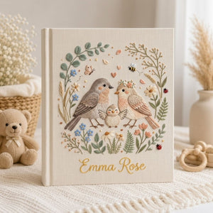 Hand Embroidered Baby Photo Album, Personalized Bird Family Baby Book, Floral Wreath Nursery Keepsake, Custom Name Baby Shower Gift