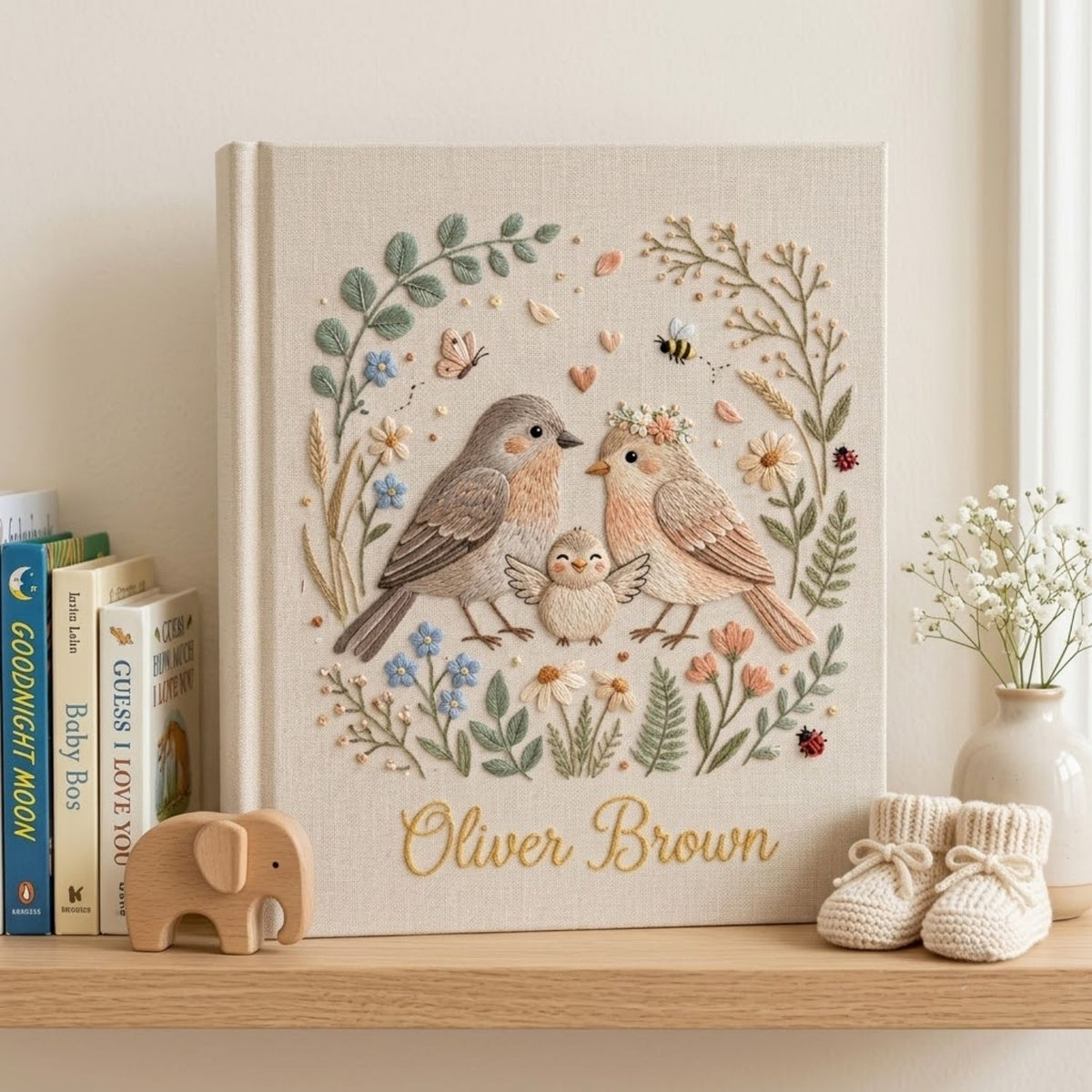 Hand Embroidered Baby Photo Album, Personalized Bird Family Baby Book, Floral Wreath Nursery Keepsake, Custom Name Baby Shower Gift