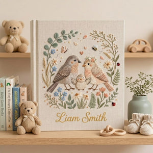 Hand Embroidered Baby Photo Album, Personalized Bird Family Baby Book, Floral Wreath Nursery Keepsake, Custom Name Baby Shower Gift