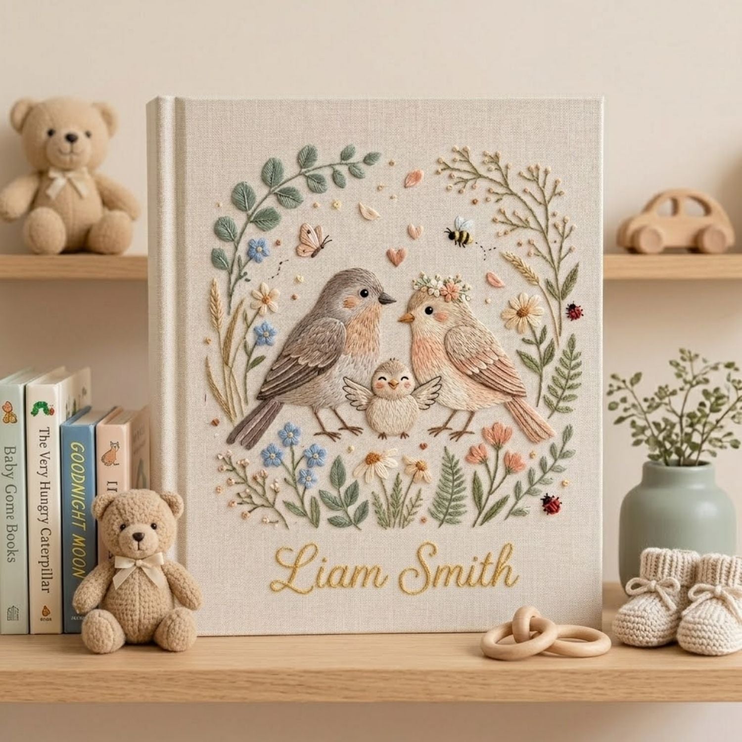 Hand Embroidered Baby Photo Album, Personalized Bird Family Baby Book, Floral Wreath Nursery Keepsake, Custom Name Baby Shower Gift