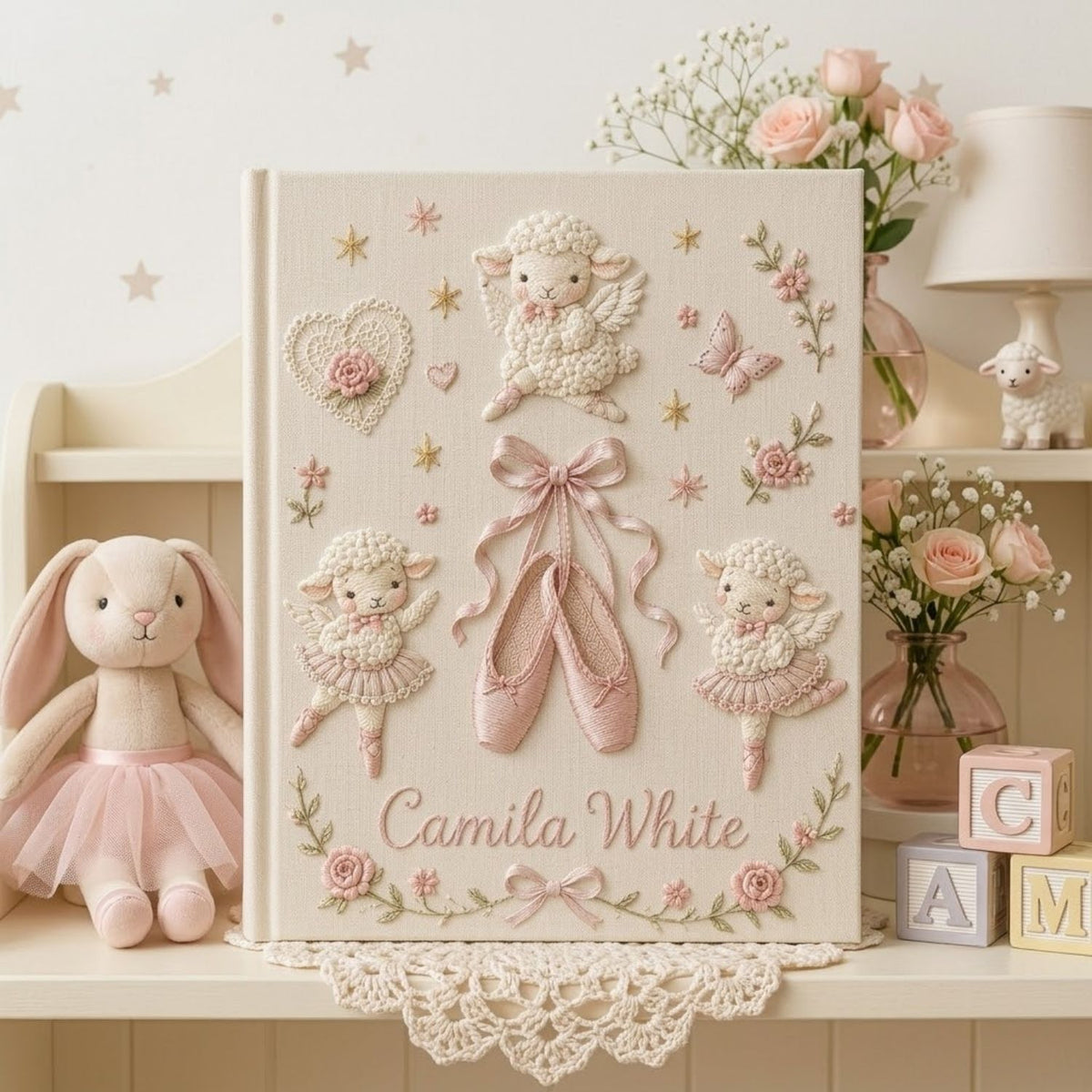 Hand Embroidered Baby Photo Album, Personalized Ballet Lamb Baby Book, Ballerina Nursery Keepsake, Custom Name Girl Baby Shower Gift
