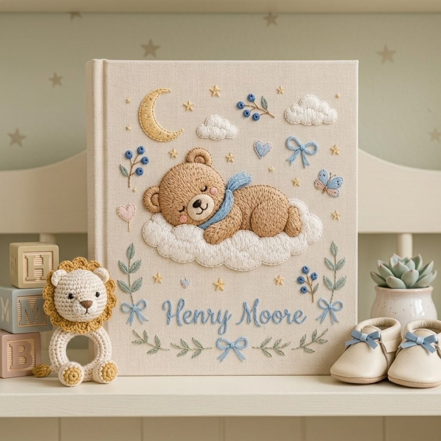 Hand Embroidered Baby Photo Album, Personalized Sleeping Bear Baby Book, Moon Cloud Nursery Keepsake, Custom Name Baby Boy Gift