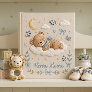 Hand Embroidered Baby Photo Album, Personalized Sleeping Bear Baby Book, Moon Cloud Nursery Keepsake, Custom Name Baby Boy Gift