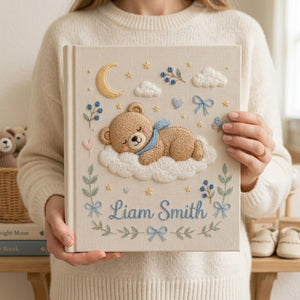 Hand Embroidered Baby Photo Album, Personalized Sleeping Bear Baby Book, Moon Cloud Nursery Keepsake, Custom Name Baby Boy Gift
