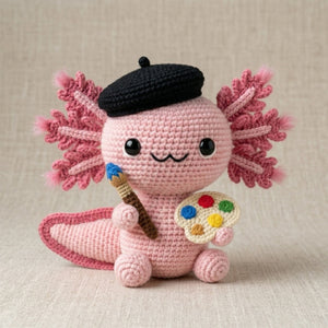 Crochet Artist Axolotl Plush, Handmade Amigurumi Salamander Doll, Cute Painter Gift, Kawaii Room Decor, Nursery Toy, 4-12 In
