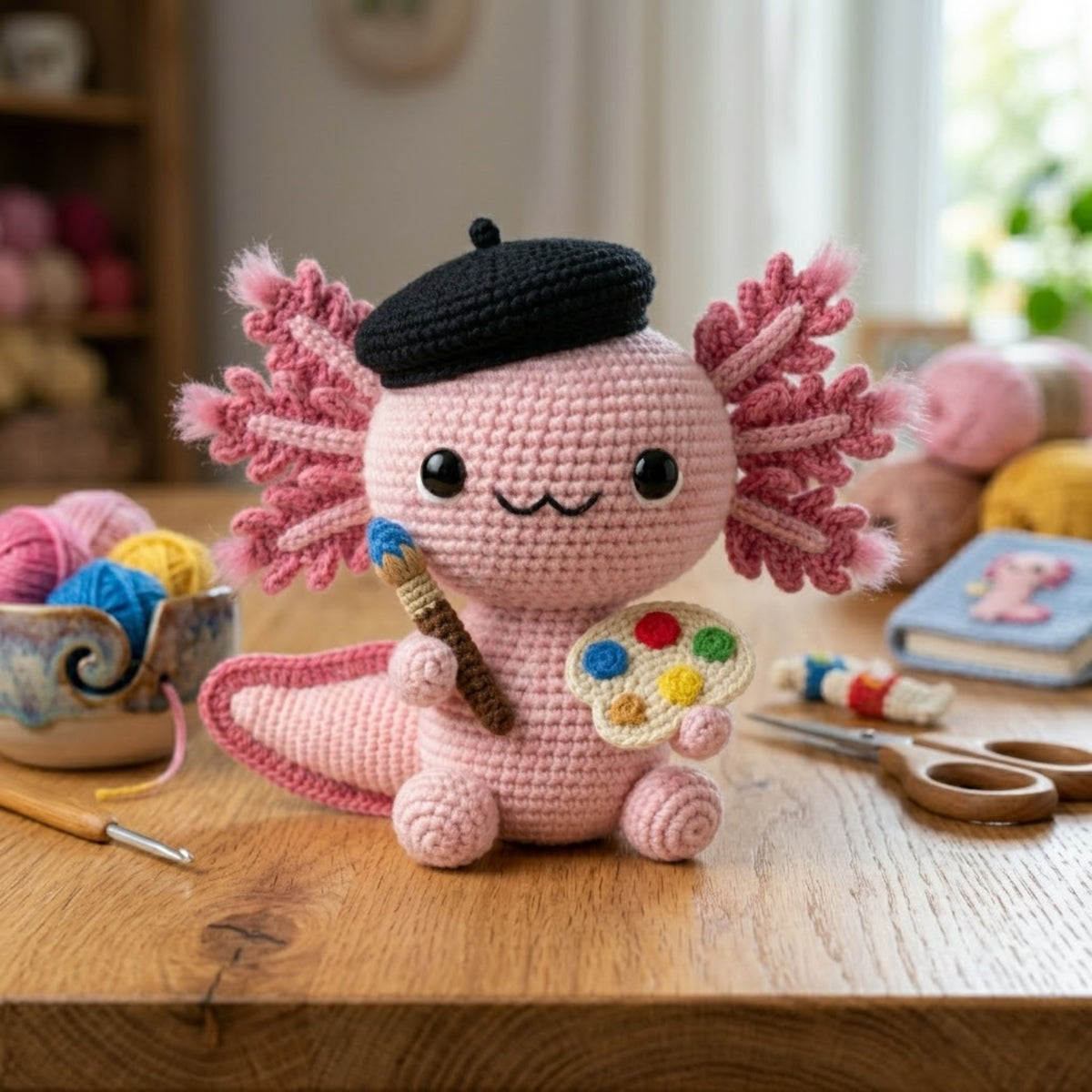 Crochet Artist Axolotl Plush, Handmade Amigurumi Salamander Doll, Cute Painter Gift, Kawaii Room Decor, Nursery Toy, 4-12 In