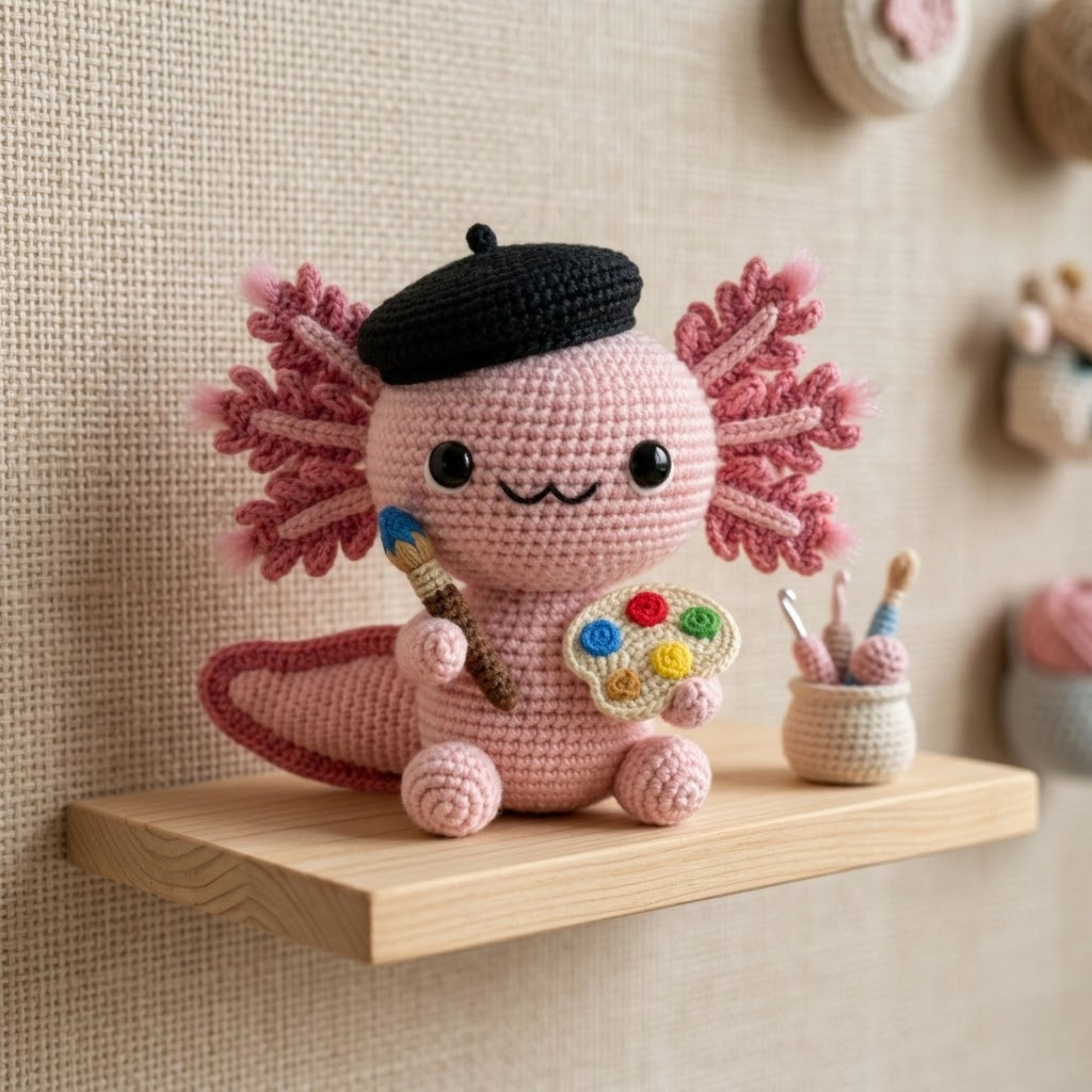 Crochet Artist Axolotl Plush, Handmade Amigurumi Salamander Doll, Cute Painter Gift, Kawaii Room Decor, Nursery Toy, 4-12 In