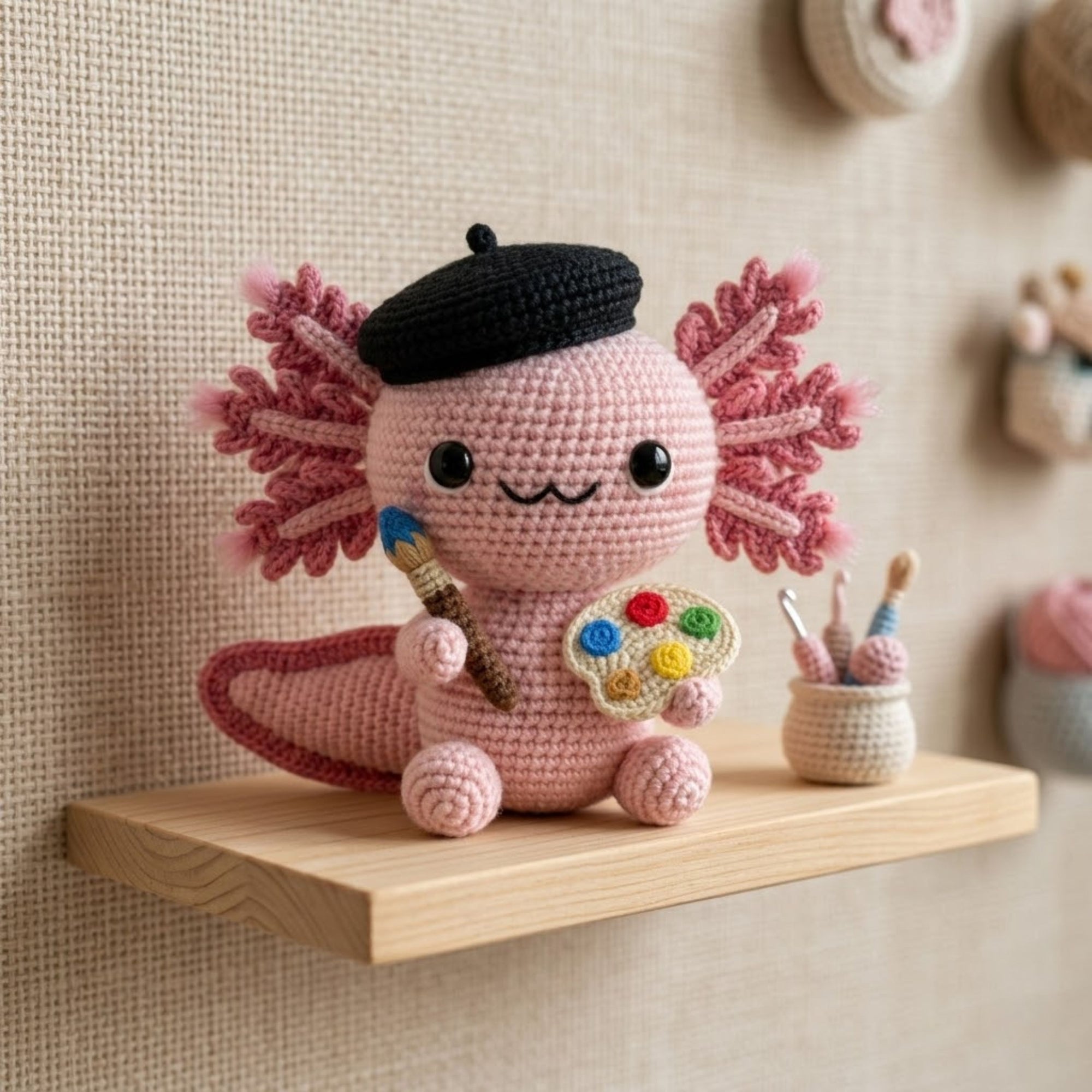 Crochet Artist Axolotl Plush, Handmade Amigurumi Salamander Doll, Cute Painter Gift, Kawaii Room Decor, Nursery Toy, 4-12 In