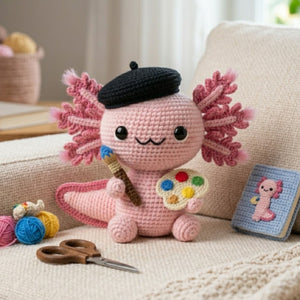 Crochet Artist Axolotl Plush, Handmade Amigurumi Salamander Doll, Cute Painter Gift, Kawaii Room Decor, Nursery Toy, 4-12 In