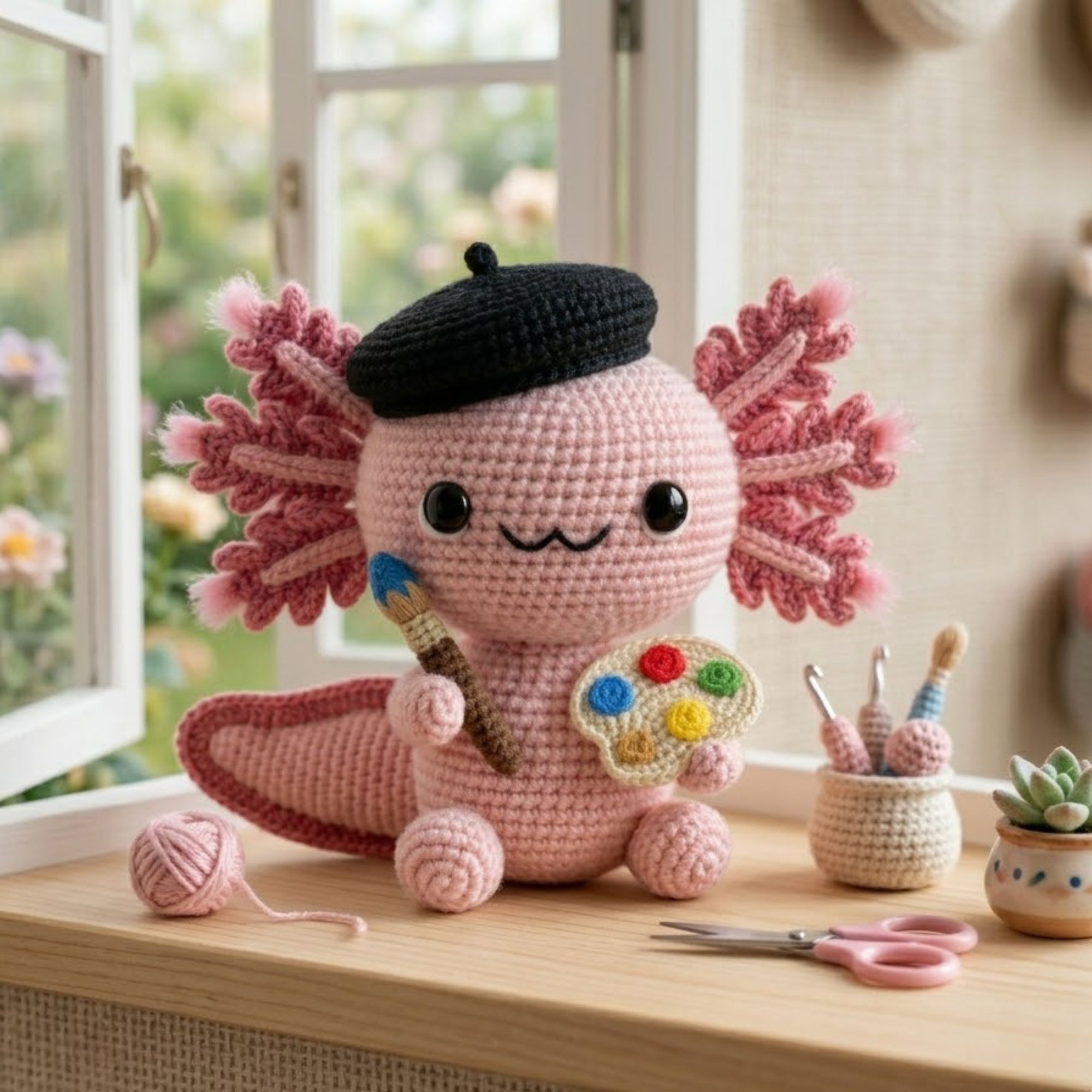 Crochet Artist Axolotl Plush, Handmade Amigurumi Salamander Doll, Cute Painter Gift, Kawaii Room Decor, Nursery Toy, 4-12 In