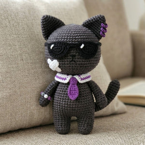 Crochet Cool Cat Plush, Handmade Amigurumi Black Cat Doll With Sunglasses, Purple Tie, Kawaii Nursery Toy, Funny 4 to 12 Inch Gift, Cat Gift