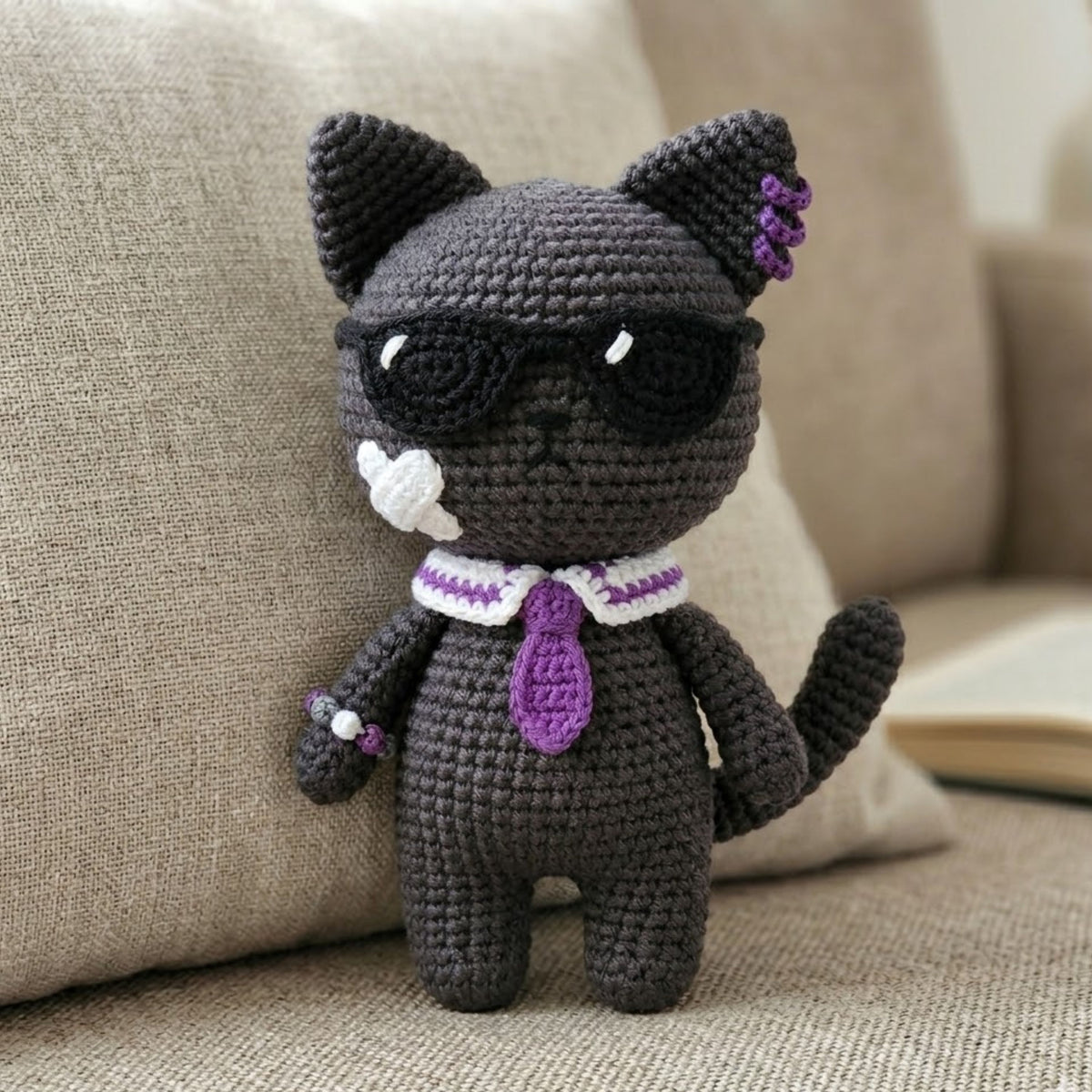 Crochet Cool Cat Plush, Handmade Amigurumi Black Cat Doll With Sunglasses, Purple Tie, Kawaii Nursery Toy, Funny 4 to 12 Inch Gift, Cat Gift