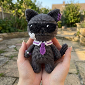 Crochet Cool Cat Plush, Handmade Amigurumi Black Cat Doll With Sunglasses, Purple Tie, Kawaii Nursery Toy, Funny 4 to 12 Inch Gift, Cat Gift