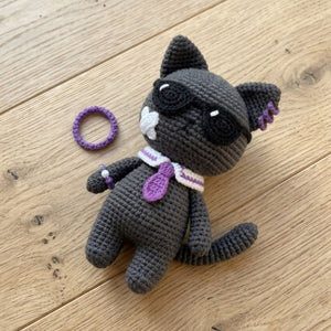 Crochet Cool Cat Plush, Handmade Amigurumi Black Cat Doll With Sunglasses, Purple Tie, Kawaii Nursery Toy, Funny 4 to 12 Inch Gift, Cat Gift