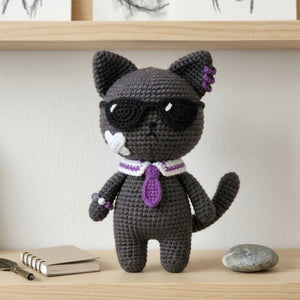 Crochet Cool Cat Plush, Handmade Amigurumi Black Cat Doll With Sunglasses, Purple Tie, Kawaii Nursery Toy, Funny 4 to 12 Inch Gift, Cat Gift