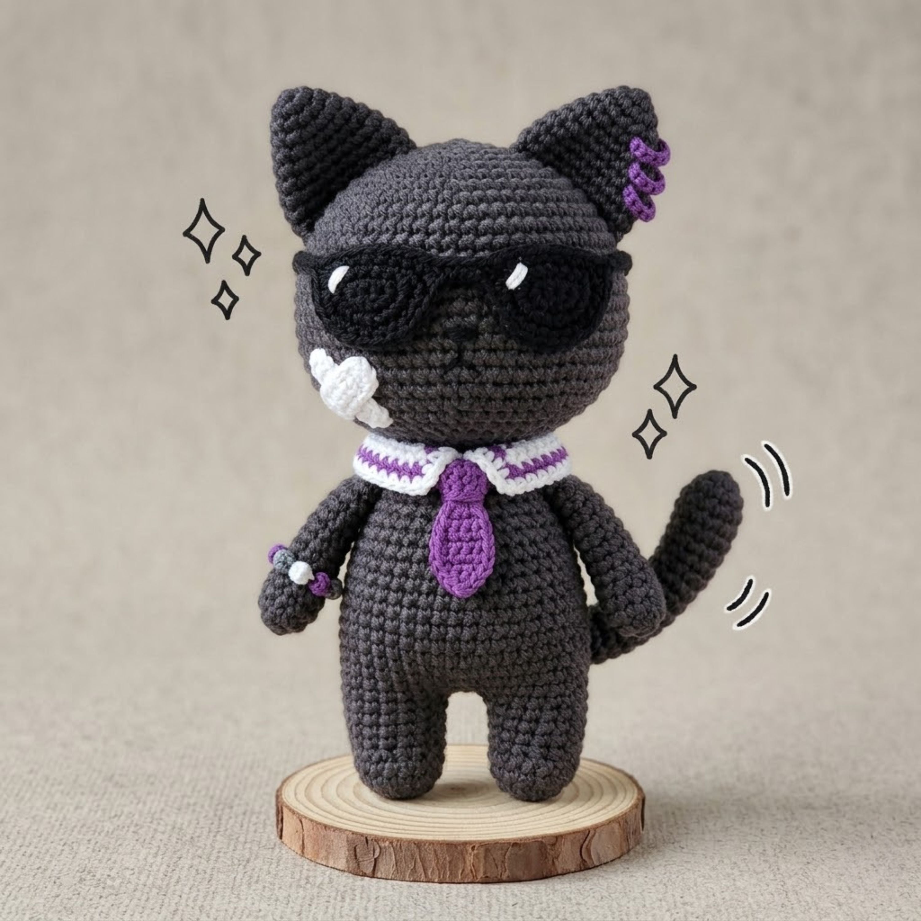 Crochet Cool Cat Plush, Handmade Amigurumi Black Cat Doll With Sunglasses, Purple Tie, Kawaii Nursery Toy, Funny 4 to 12 Inch Gift, Cat Gift