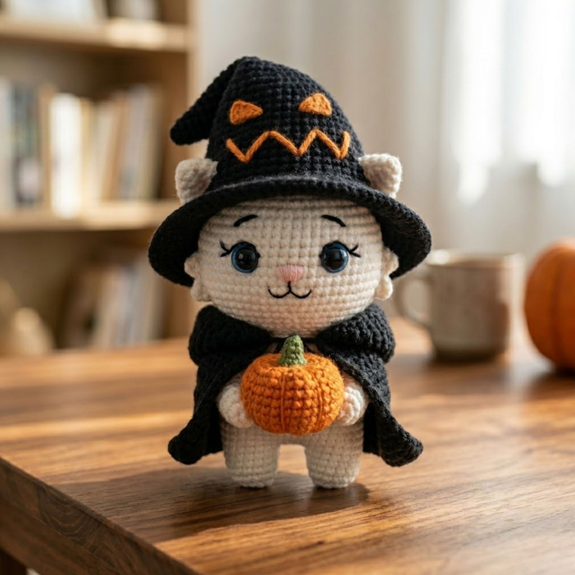Crochet Witch Cat Plush, Handmade Halloween Amigurumi Kitten With Pumpkin, Spooky Cute Nursery Toy, Kawaii 4 to 12 Inch Witchy Cat Gift Doll