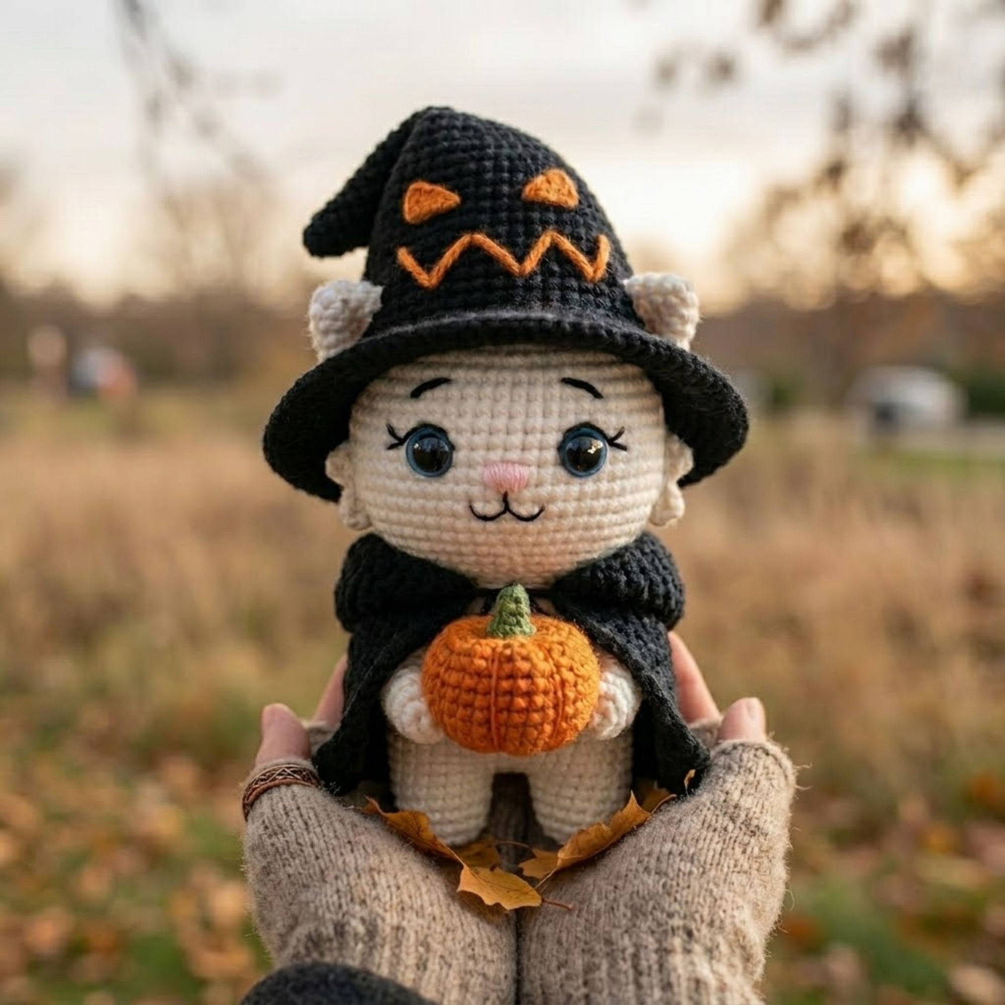 Crochet Witch Cat Plush, Handmade Halloween Amigurumi Kitten With Pumpkin, Spooky Cute Nursery Toy, Kawaii 4 to 12 Inch Witchy Cat Gift Doll