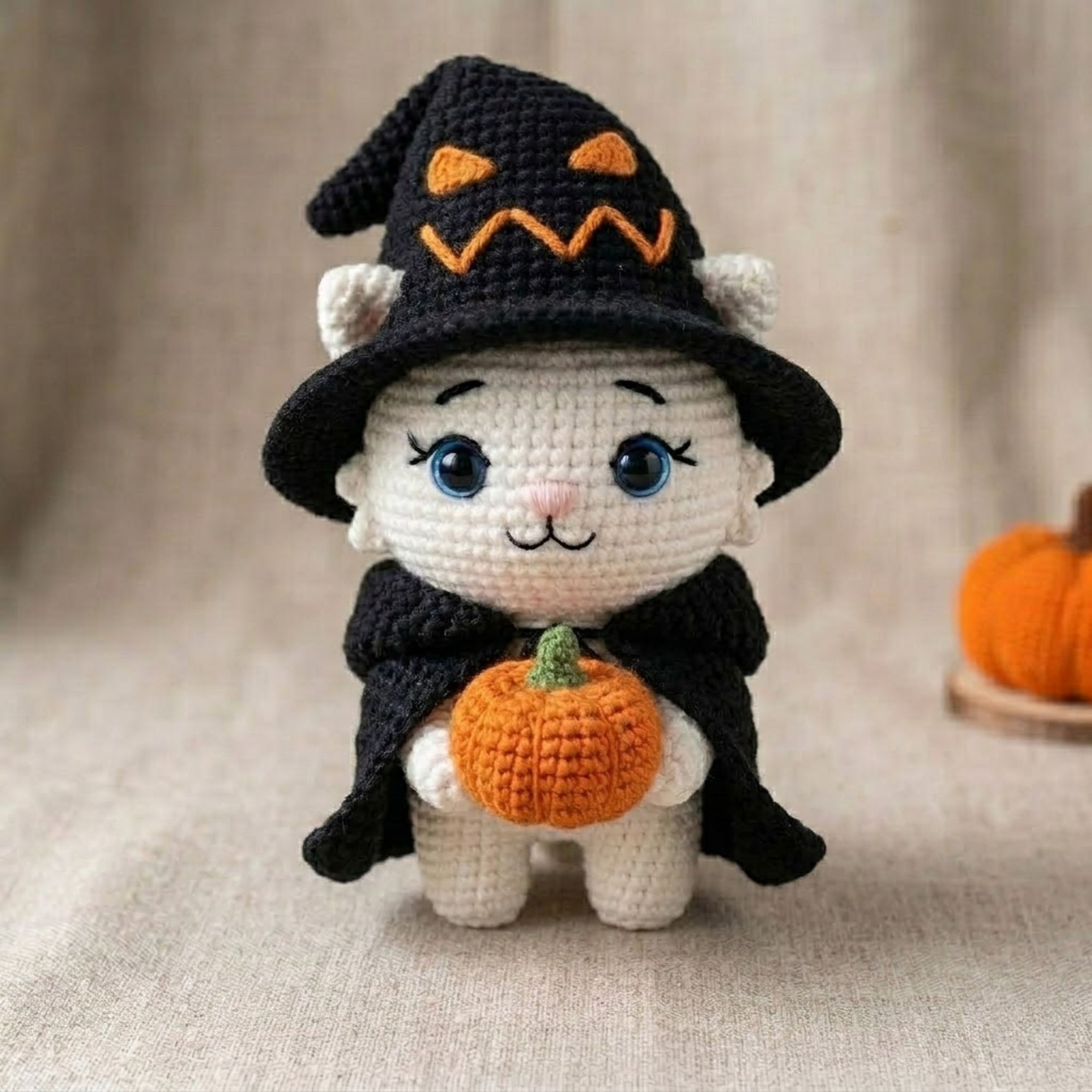 Crochet Witch Cat Plush, Handmade Halloween Amigurumi Kitten With Pumpkin, Spooky Cute Nursery Toy, Kawaii 4 to 12 Inch Witchy Cat Gift Doll