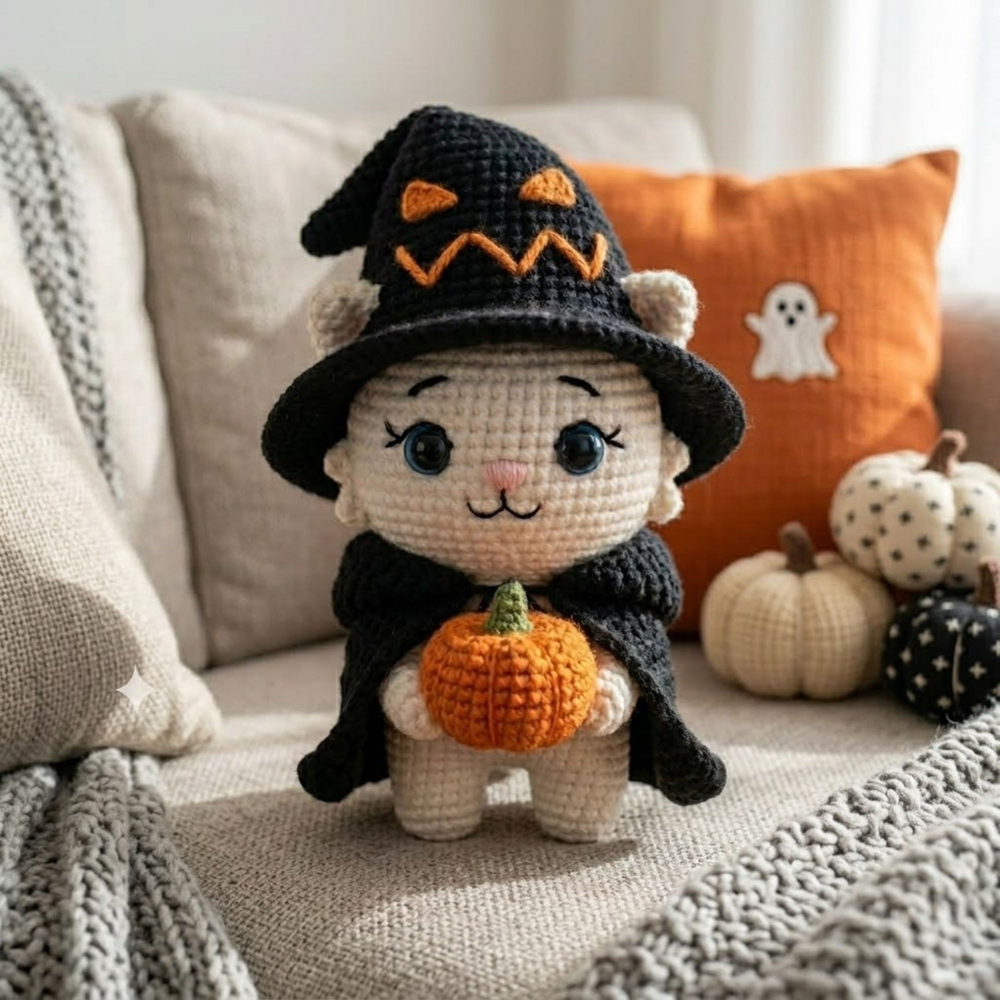Crochet Witch Cat Plush, Handmade Halloween Amigurumi Kitten With Pumpkin, Spooky Cute Nursery Toy, Kawaii 4 to 12 Inch Witchy Cat Gift Doll