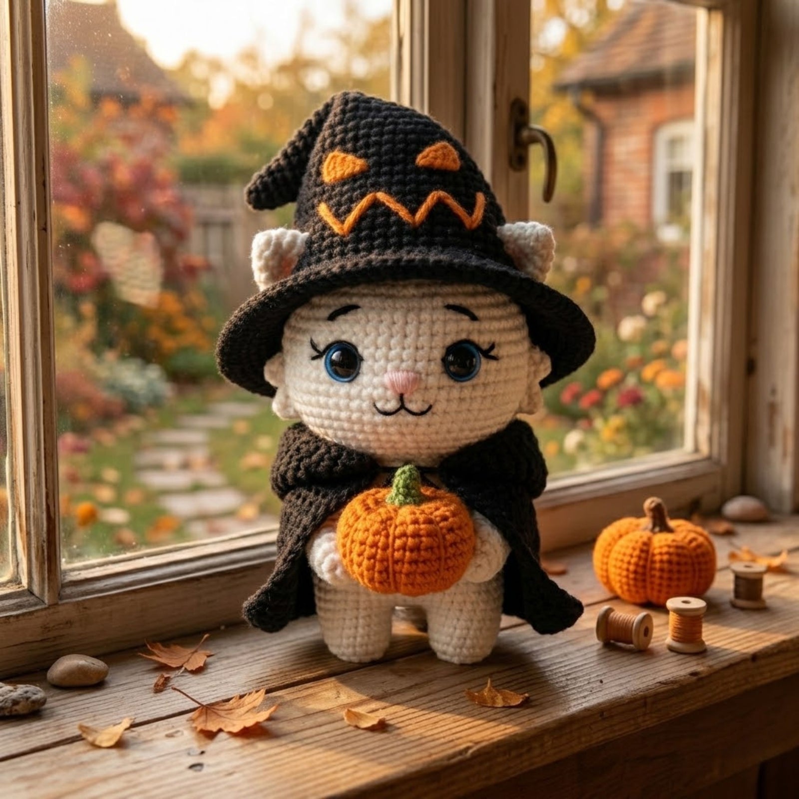 Crochet Witch Cat Plush, Handmade Halloween Amigurumi Kitten With Pumpkin, Spooky Cute Nursery Toy, Kawaii 4 to 12 Inch Witchy Cat Gift Doll