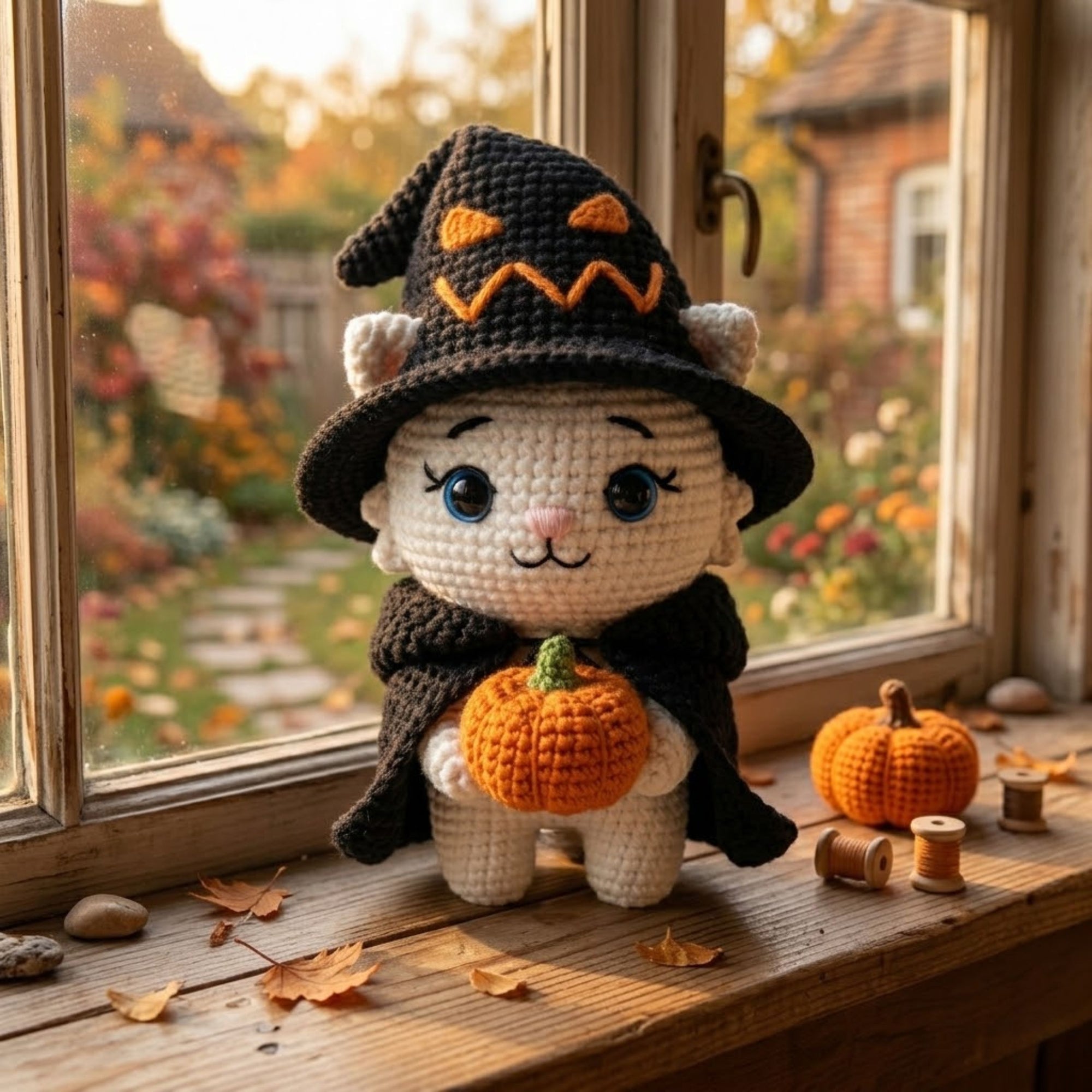 Crochet Witch Cat Plush, Handmade Halloween Amigurumi Kitten With Pumpkin, Spooky Cute Nursery Toy, Kawaii 4 to 12 Inch Witchy Cat Gift Doll