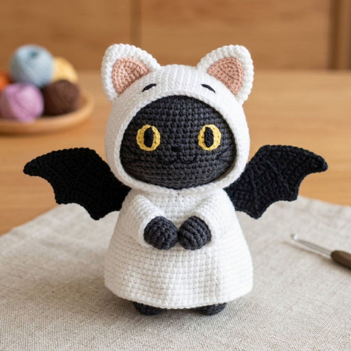 Crochet Bat Cat Plush, Handmade Amigurumi Black Bat Doll With Cat Hood, Spooky Cute Nursery Toy, Kawaii Halloween Gift Decor, 4-12 Inch Doll