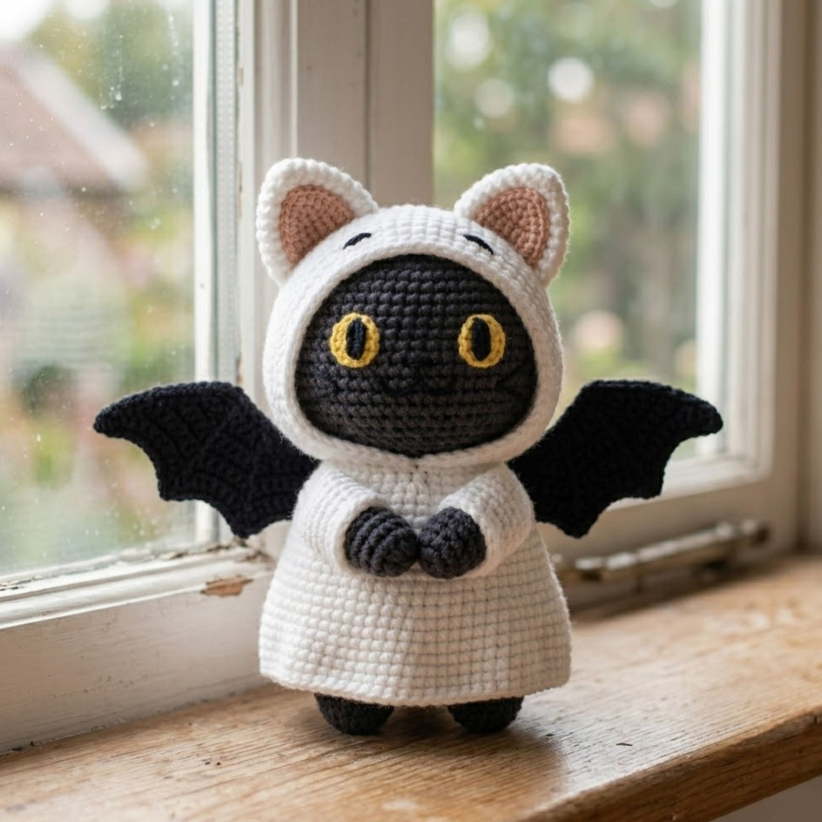 Crochet Bat Cat Plush, Handmade Amigurumi Black Bat Doll With Cat Hood, Spooky Cute Nursery Toy, Kawaii Halloween Gift Decor, 4-12 Inch Doll