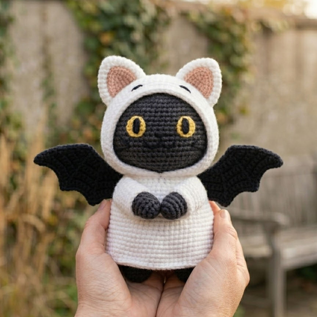 Crochet Bat Cat Plush, Handmade Amigurumi Black Bat Doll With Cat Hood, Spooky Cute Nursery Toy, Kawaii Halloween Gift Decor, 4-12 Inch Doll