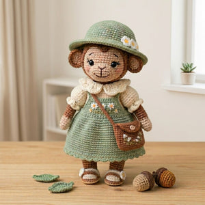 Crochet Monkey Doll Plush, Handmade Amigurumi Monkey in Sage Green Dress, Cute Cottagecore Nursery Toy, 4-12 Inch Room Decor Toy