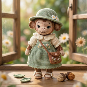 Crochet Monkey Doll Plush, Handmade Amigurumi Monkey in Sage Green Dress, Cute Cottagecore Nursery Toy, 4-12 Inch Room Decor Toy