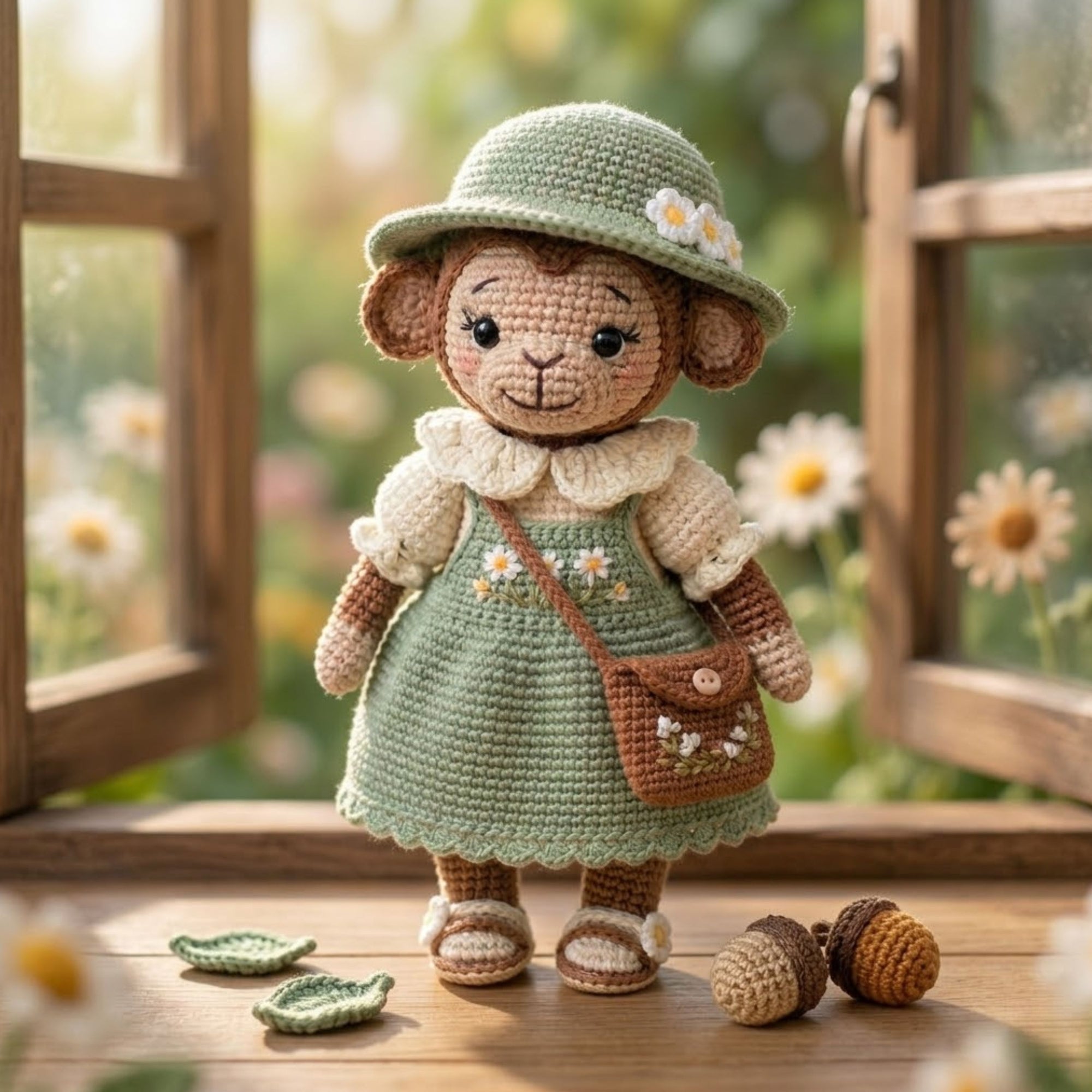 Crochet Monkey Doll Plush, Handmade Amigurumi Monkey in Sage Green Dress, Cute Cottagecore Nursery Toy, 4-12 Inch Room Decor Toy