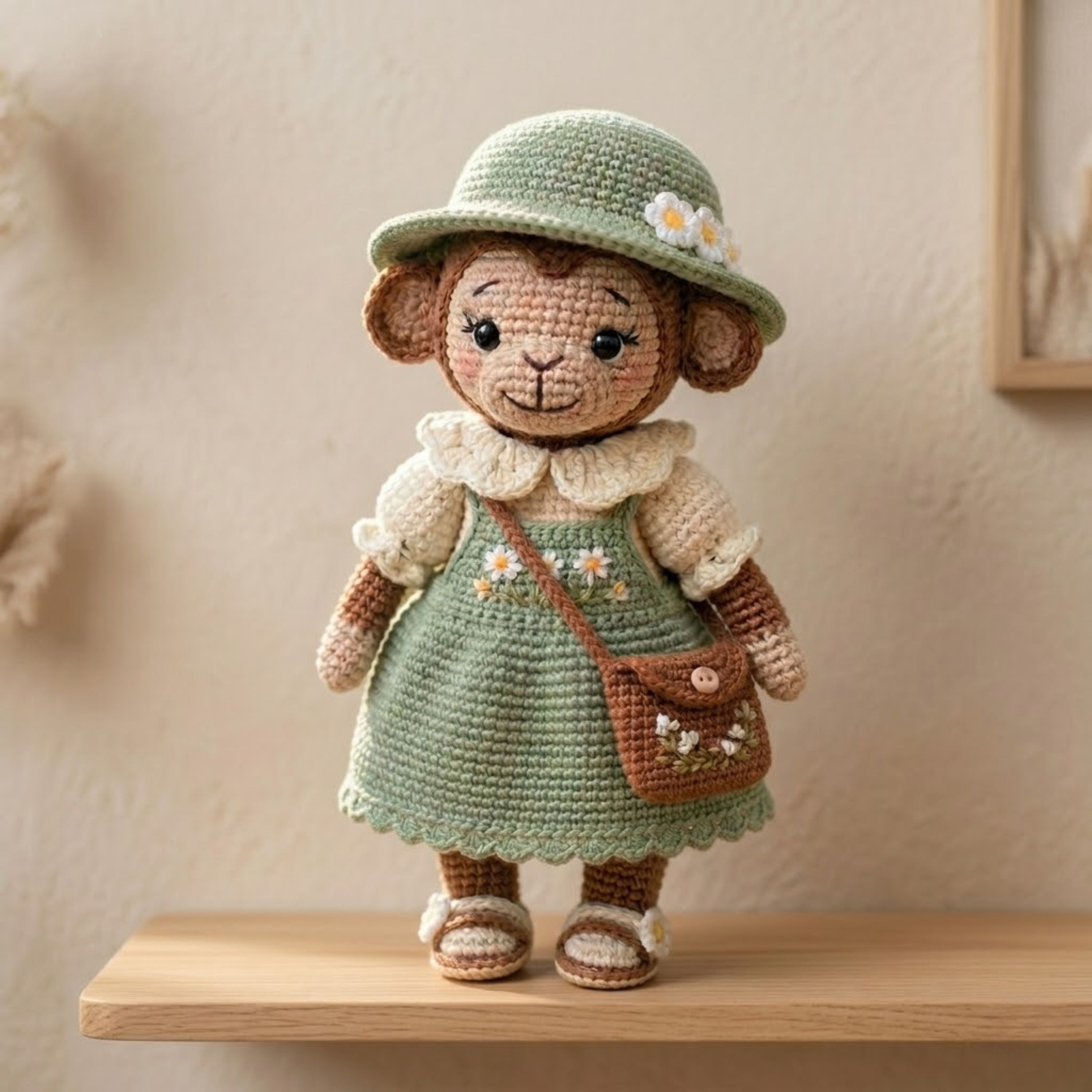 Crochet Monkey Doll Plush, Handmade Amigurumi Monkey in Sage Green Dress, Cute Cottagecore Nursery Toy, 4-12 Inch Room Decor Toy