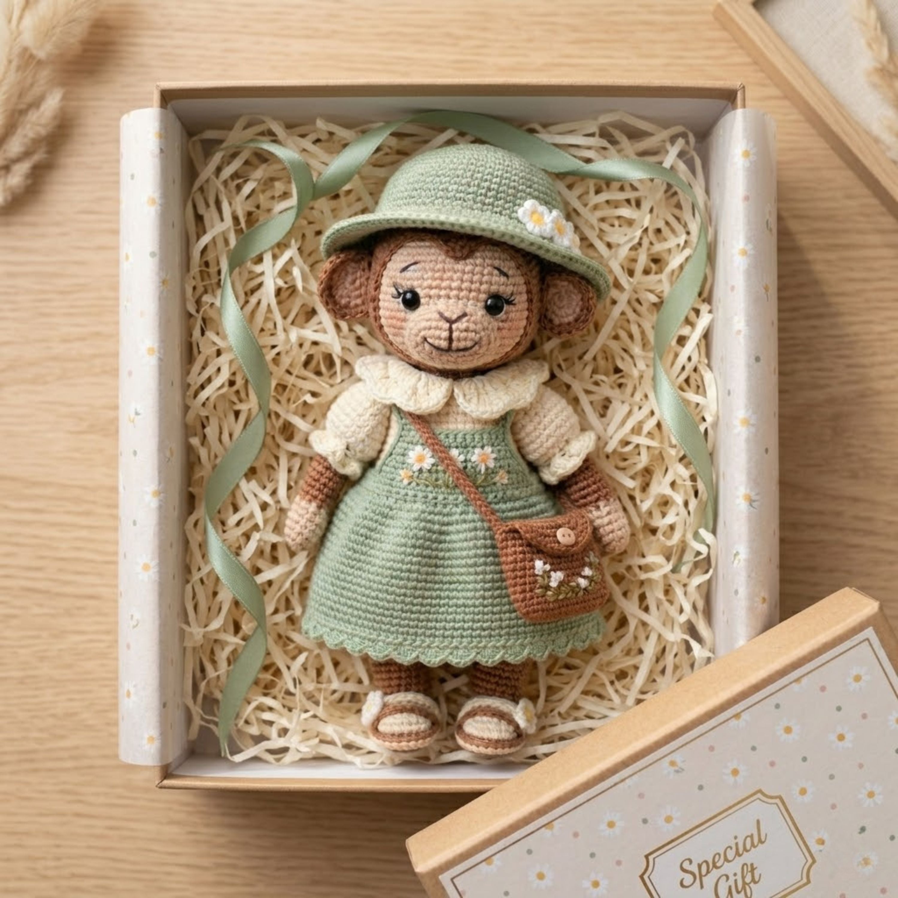 Crochet Monkey Doll Plush, Handmade Amigurumi Monkey in Sage Green Dress, Cute Cottagecore Nursery Toy, 4-12 Inch Room Decor Toy