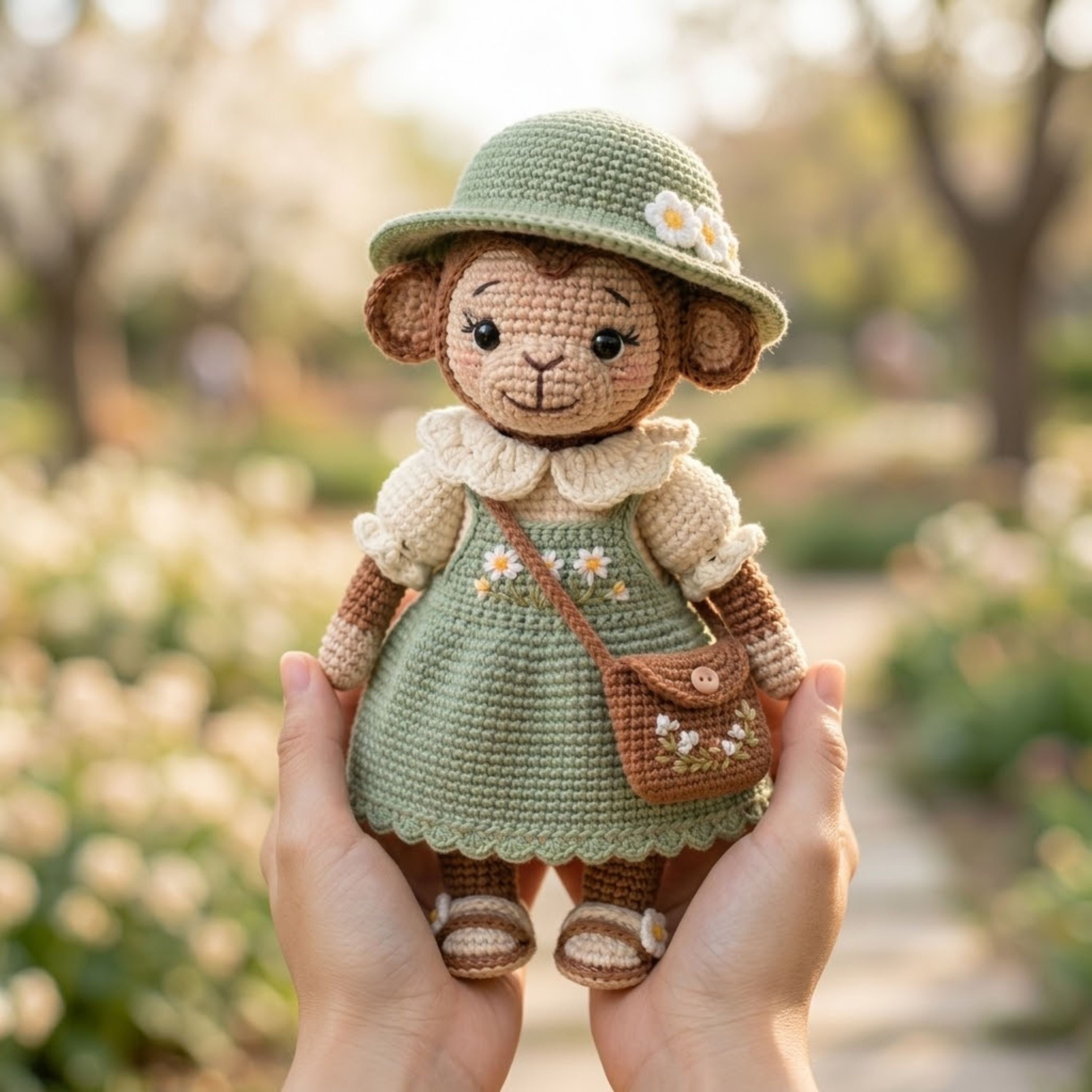 Crochet Monkey Doll Plush, Handmade Amigurumi Monkey in Sage Green Dress, Cute Cottagecore Nursery Toy, 4-12 Inch Room Decor Toy