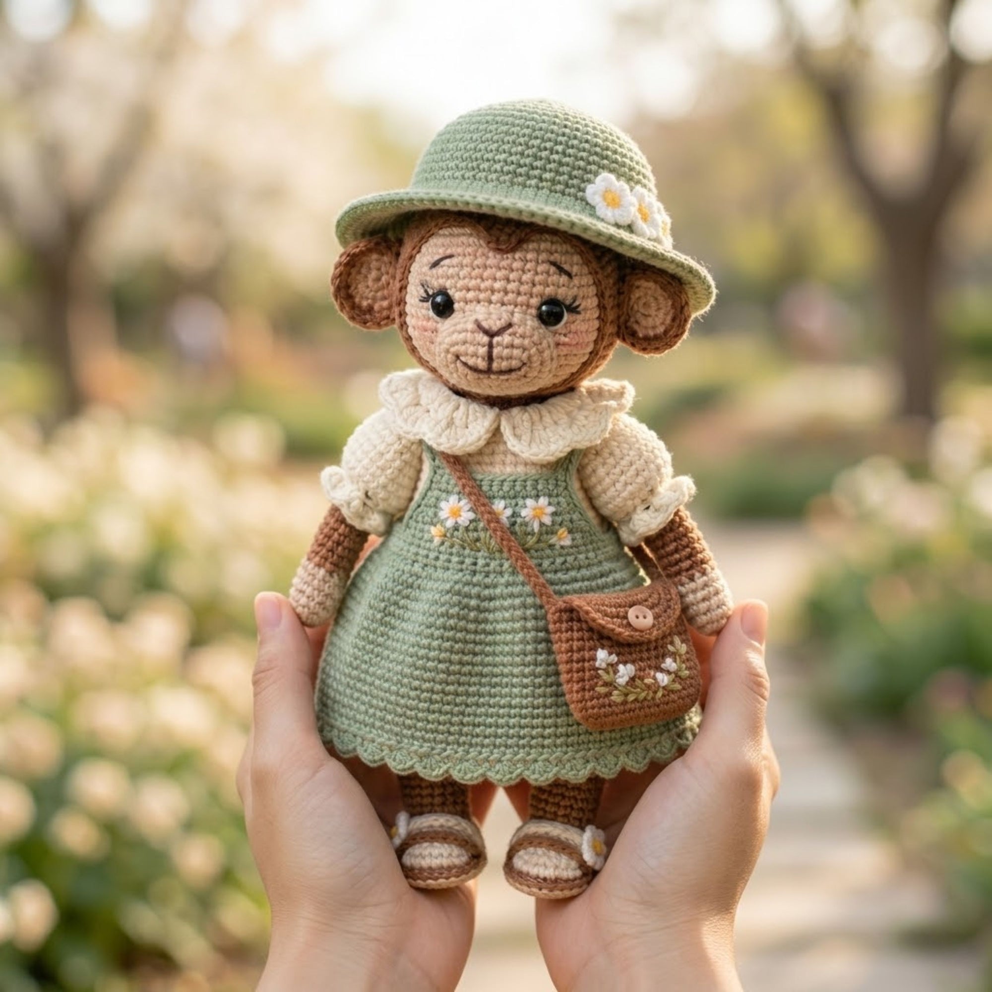 Crochet Monkey Doll Plush, Handmade Amigurumi Monkey in Sage Green Dress, Cute Cottagecore Nursery Toy, 4-12 Inch Room Decor Toy
