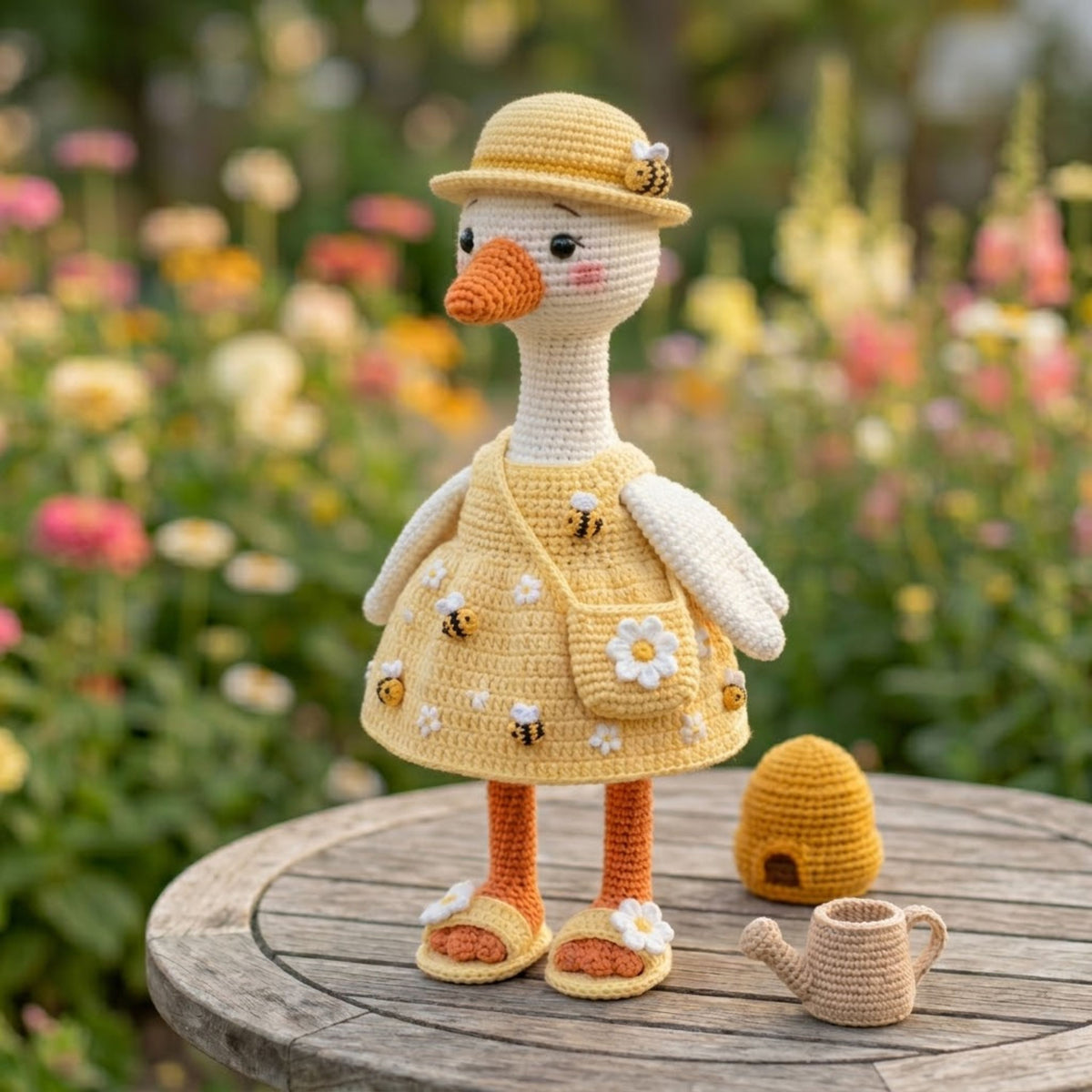Crochet Goose Doll Plush, Handmade Amigurumi Goose in Bee Dress, Cute Spring Garden Nursery Toy, Kawaii 4-12 Inch Gift Decor, Bee Lover Toy