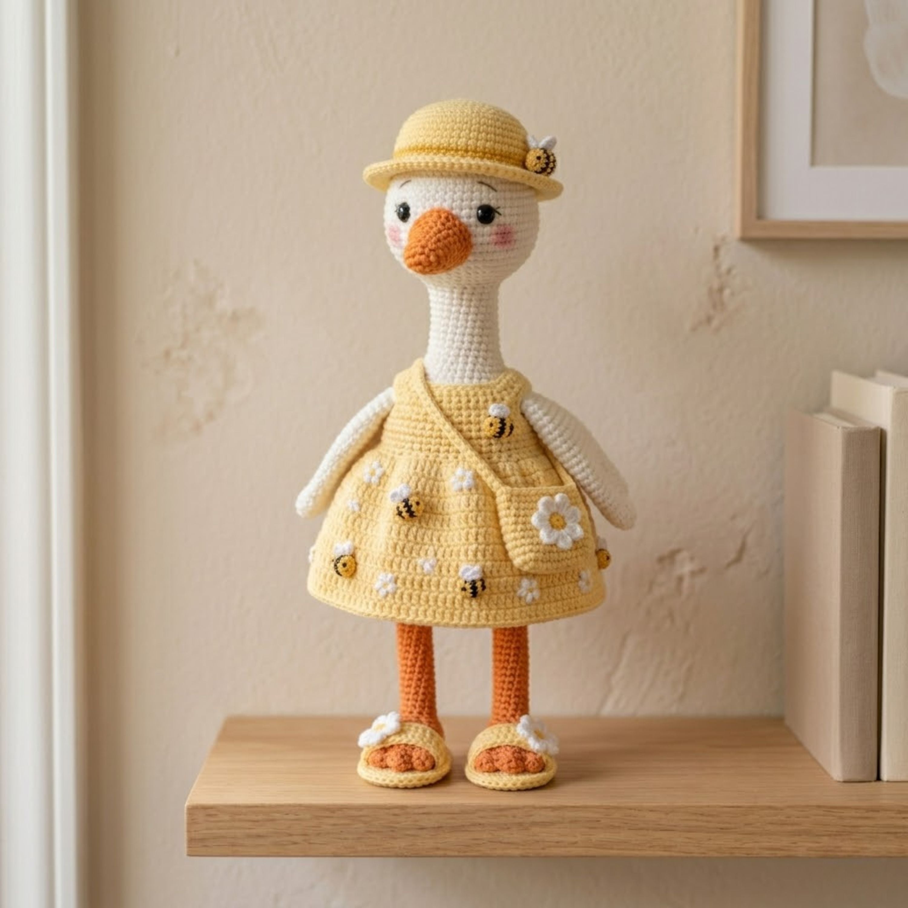 Crochet Goose Doll Plush, Handmade Amigurumi Goose in Bee Dress, Cute Spring Garden Nursery Toy, Kawaii 4-12 Inch Gift Decor, Bee Lover Toy