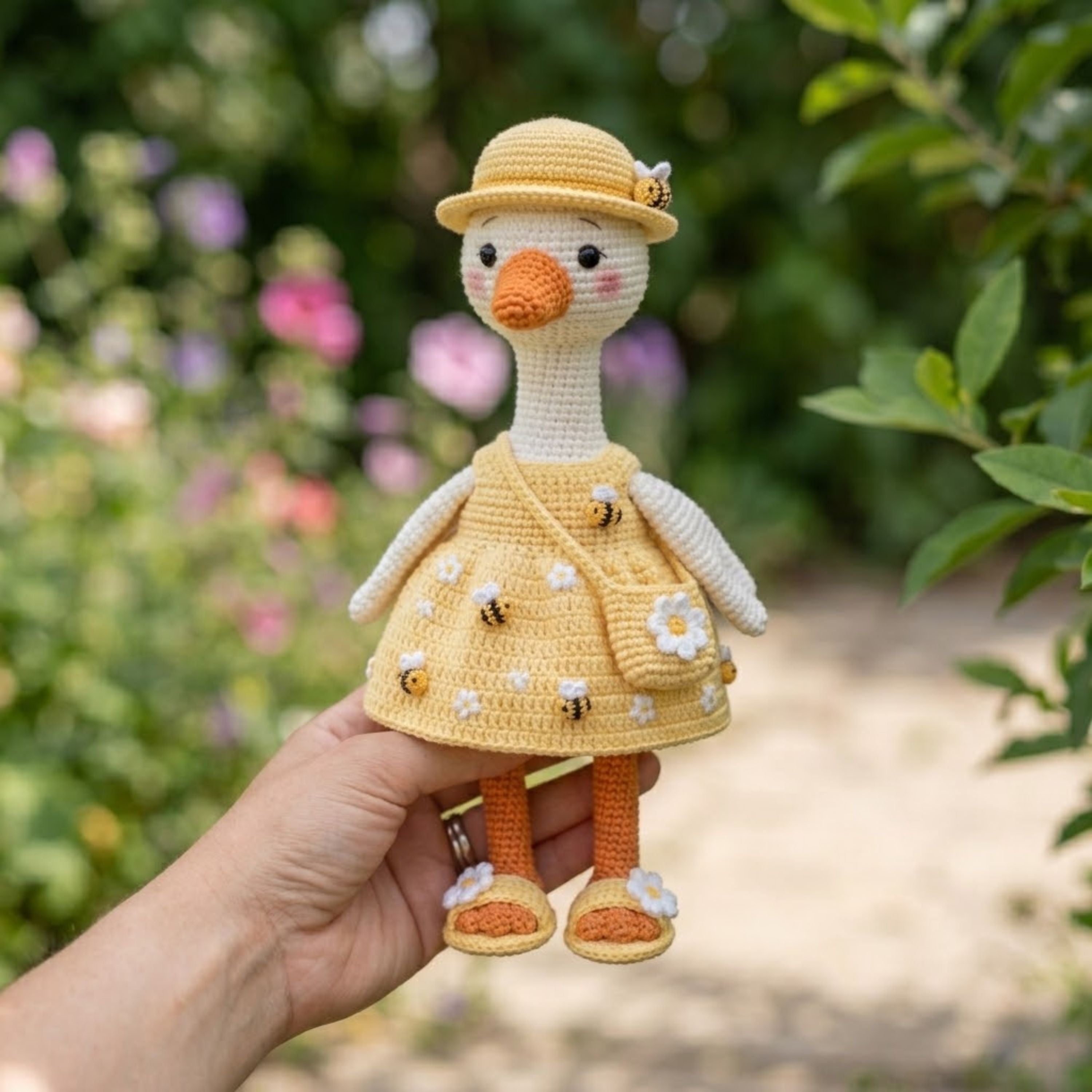 Crochet Goose Doll Plush, Handmade Amigurumi Goose in Bee Dress, Cute Spring Garden Nursery Toy, Kawaii 4-12 Inch Gift Decor, Bee Lover Toy