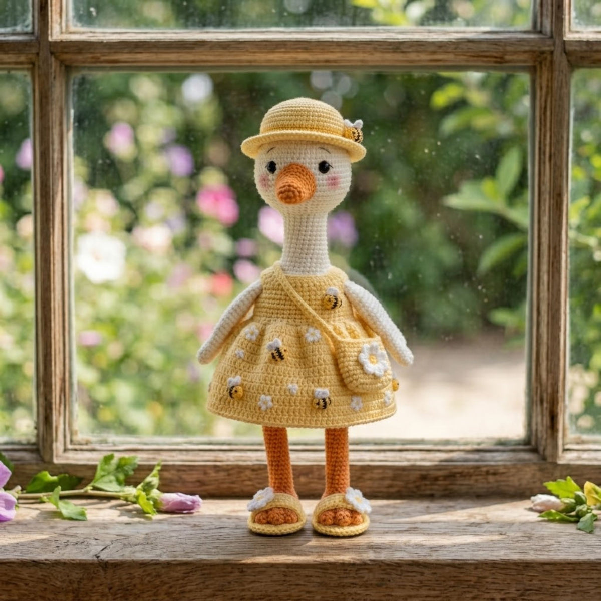 Crochet Goose Doll Plush, Handmade Amigurumi Goose in Bee Dress, Cute Spring Garden Nursery Toy, Kawaii 4-12 Inch Gift Decor, Bee Lover Toy