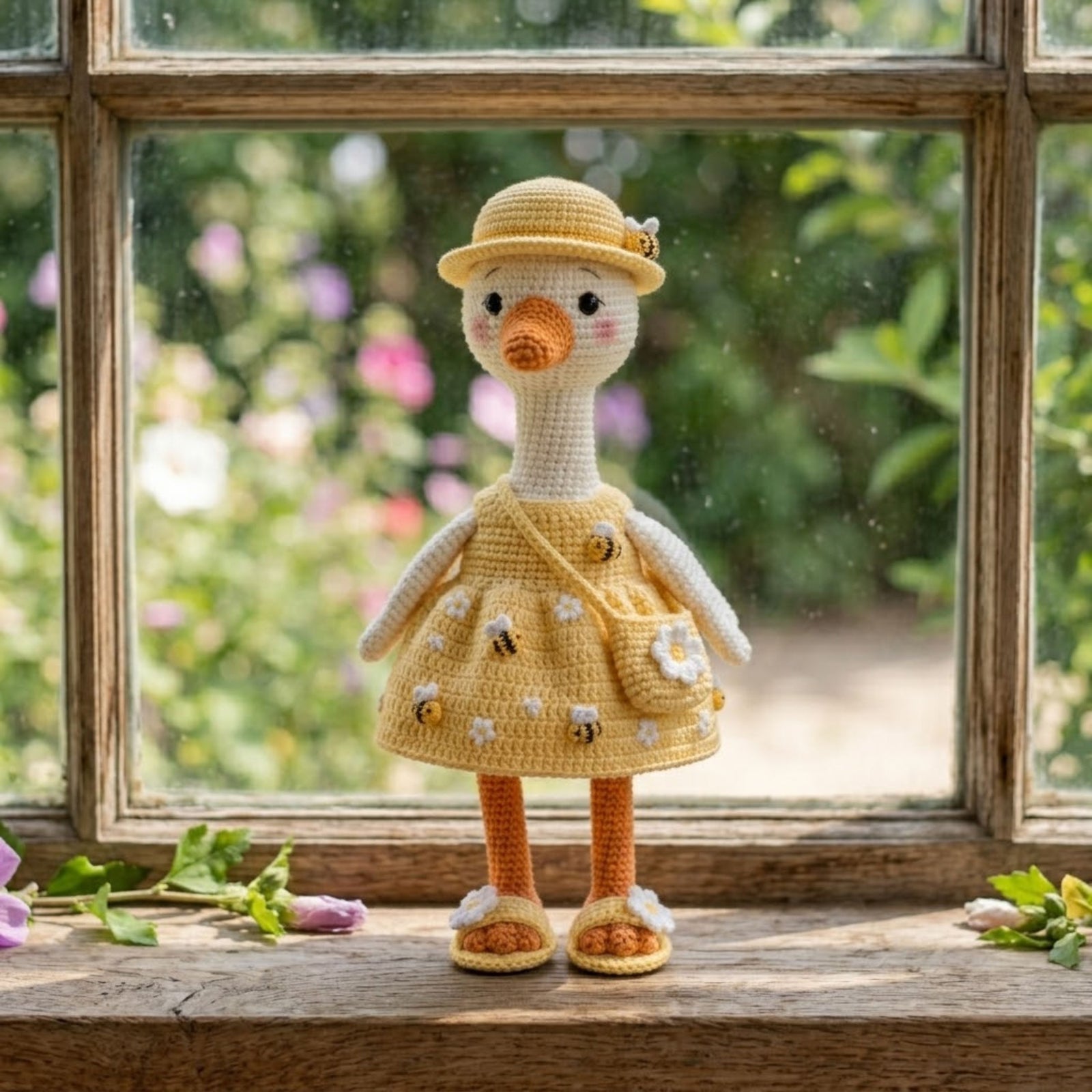 Crochet Goose Doll Plush, Handmade Amigurumi Goose in Bee Dress, Cute Spring Garden Nursery Toy, Kawaii 4-12 Inch Gift Decor, Bee Lover Toy