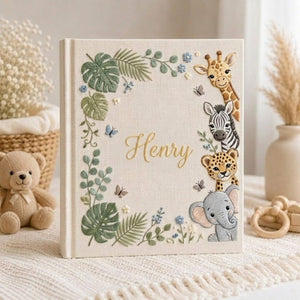Personalized Safari Baby Embroidered Photo Album, Custom Name Baby Memory Book, Jungle Animals Nursery Keepsake, Newborn Gift
