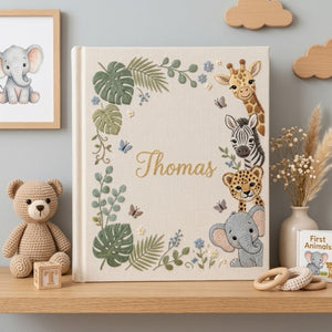 Personalized Safari Baby Embroidered Photo Album, Custom Name Baby Memory Book, Jungle Animals Nursery Keepsake, Newborn Gift
