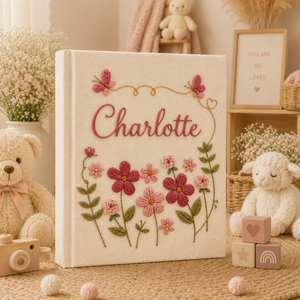 Hand Embroidered Floral Baby Photo Album With Sleeves, Custom Linen Baby Memory Book, Floral Butterfly Nursery Keepsake Album, Baby Shower Gift