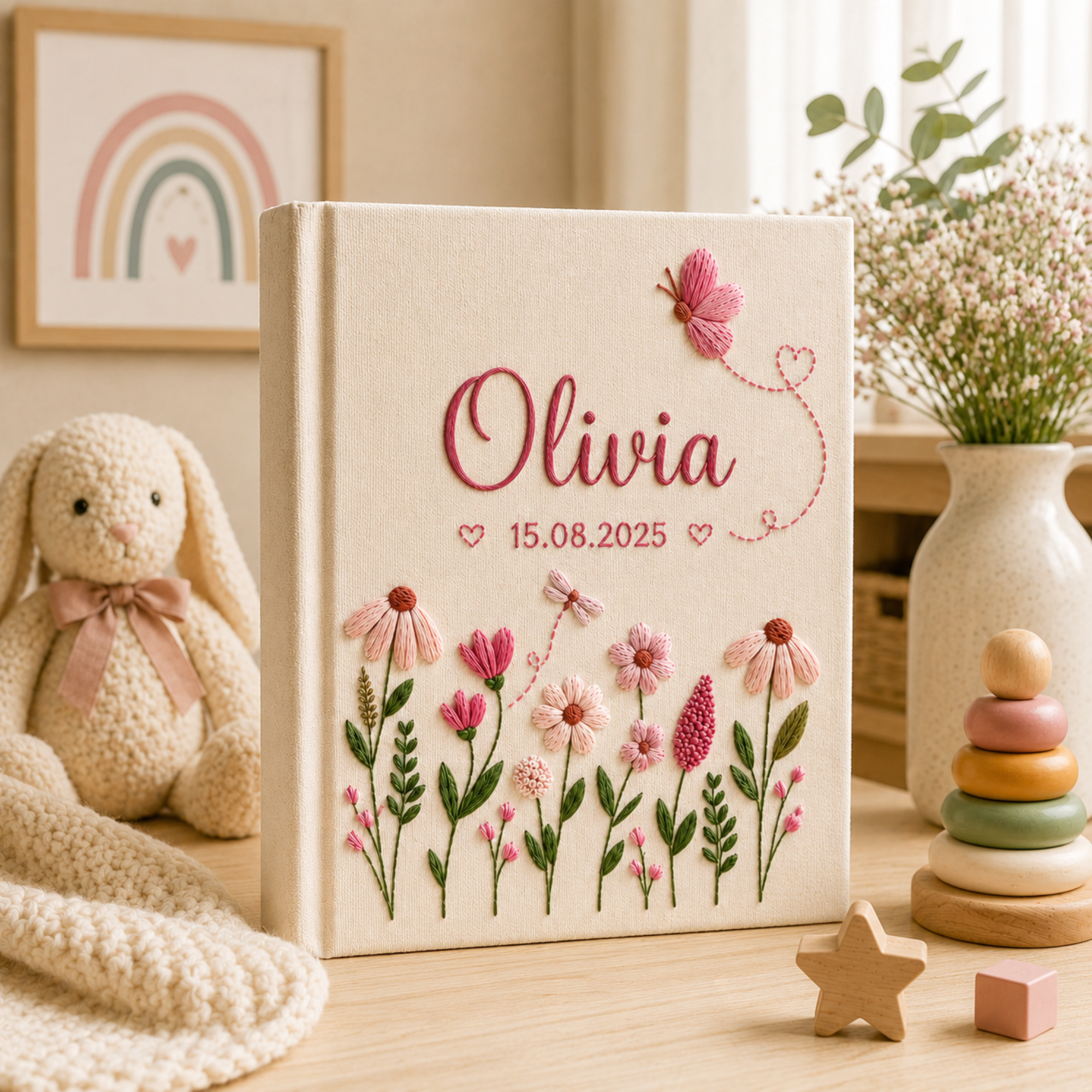 Hand Embroidered Baby Photo Album With Sleeves, Custom Linen Baby Memory Book, Floral Butterfly Nursery Keepsake Album, Baby Shower Gift