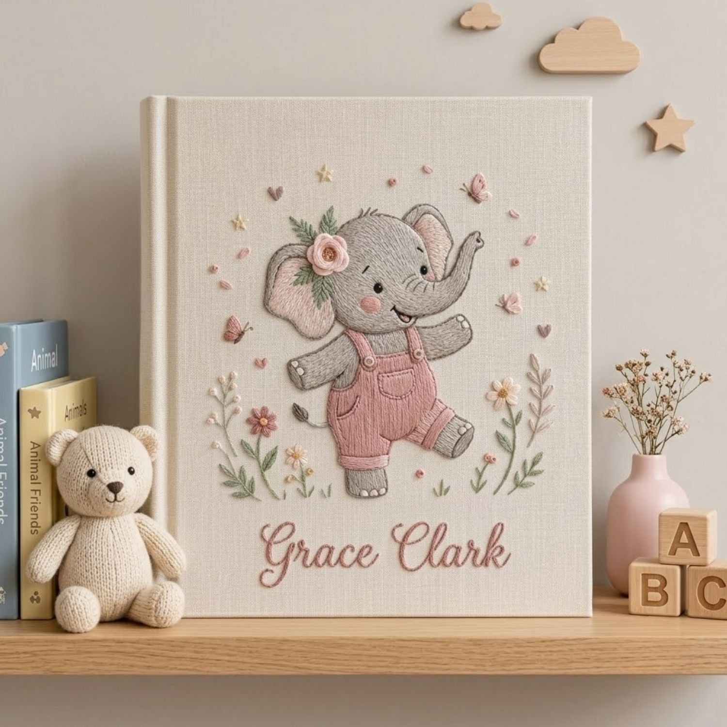 Personalized Elephant Baby Embroidered Photo Album, Custom Name Baby Memory Book, Cute Pink Elephant Nursery Keepsake Gift for Newborn